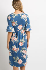 Blue Floral Layered Sleeve Maternity Dress