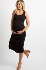 Black Solid Ruched Fitted Maternity Bodycon Midi Dress