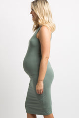 Light Olive Sleeveless Midi Maternity Dress