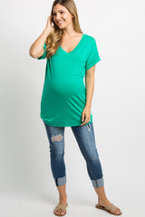 Green V-Neck Pocket Accent Maternity Top