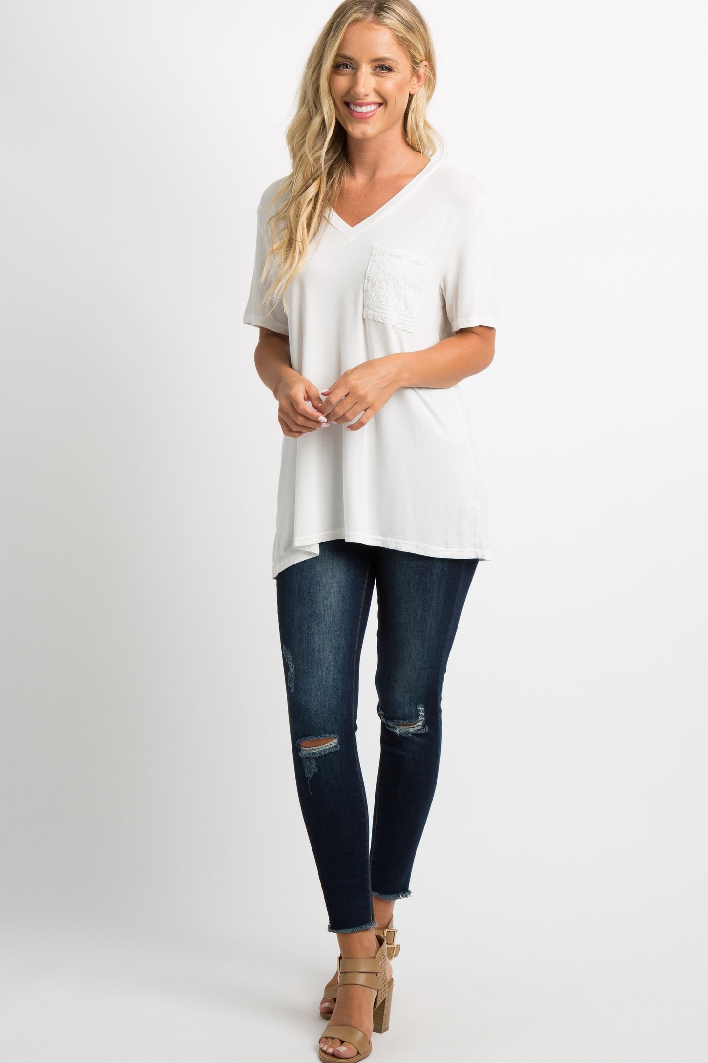 Ivory Embroidered Mesh Pocket Top