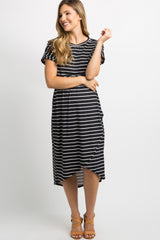 Black Striped Wrap Skirt Maternity Midi Dress