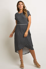 Black Striped Wrap Skirt Maternity Midi Dress