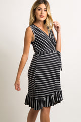 Black Striped Ruffle Hem Waist Tie Maternity Wrap Dress