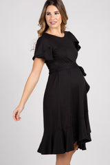 Black Solid Flounce Trim Maternity Dress
