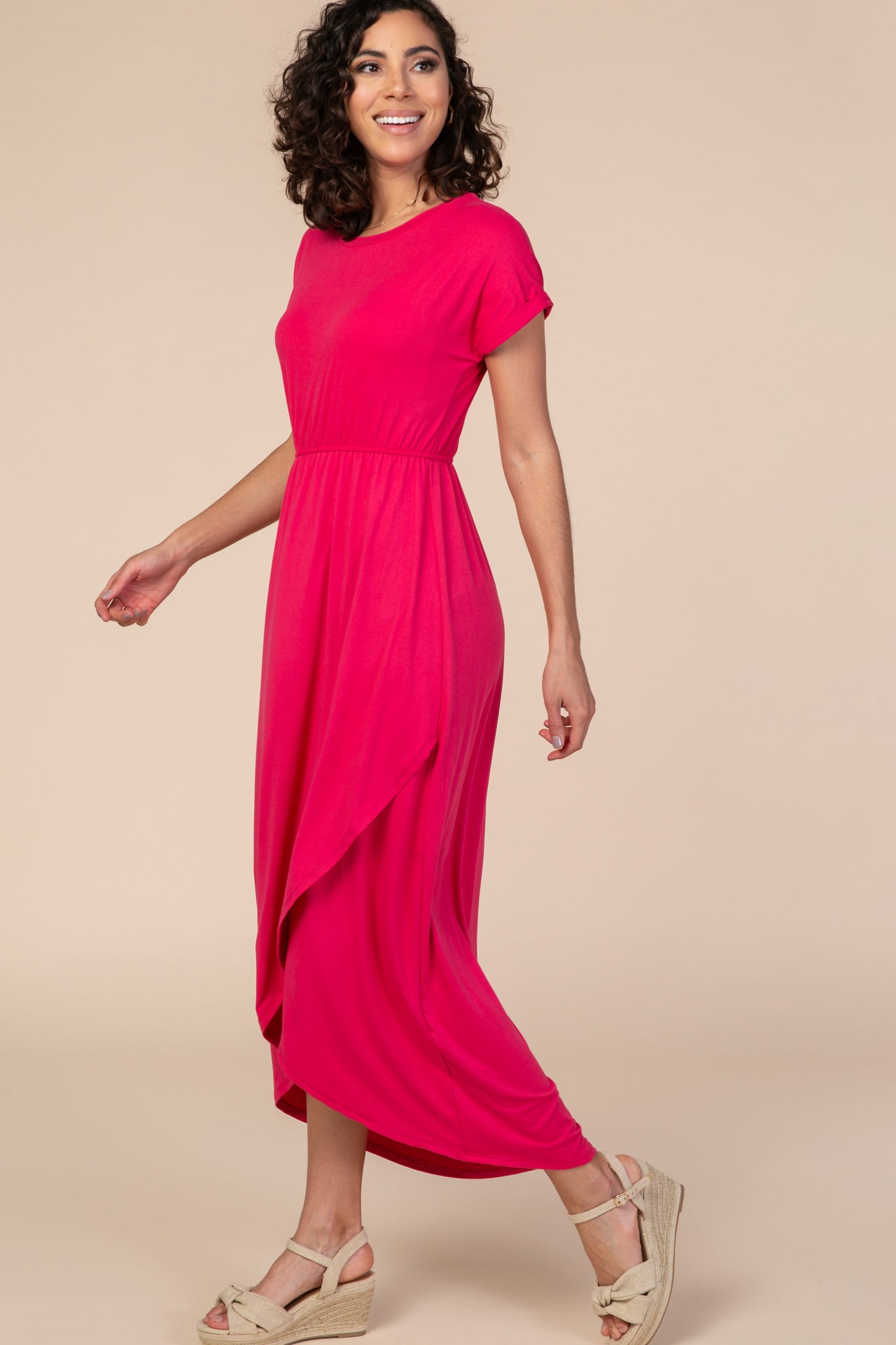 Fuchsia Short Sleeve Maxi Dress