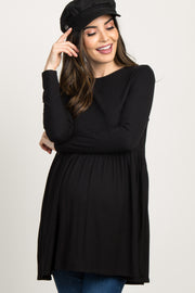 Black Solid Long Sleeve Peplum Maternity Top