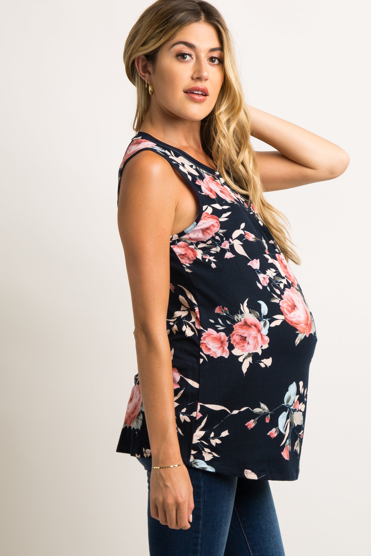 PinkBlush Navy Blue Floral Pleated Front Maternity Tank Top