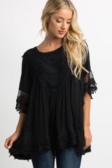 Black Crochet Mesh Scalloped Trim Maternity Top