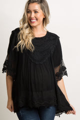 Black Crochet Mesh Scalloped Trim Maternity Top