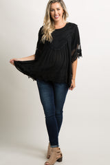 Black Crochet Mesh Scalloped Trim Maternity Top