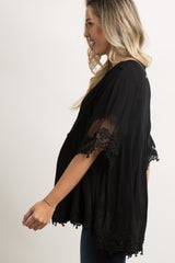 Black Crochet Mesh Scalloped Trim Maternity Top