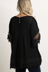 Black Crochet Mesh Scalloped Trim Maternity Top