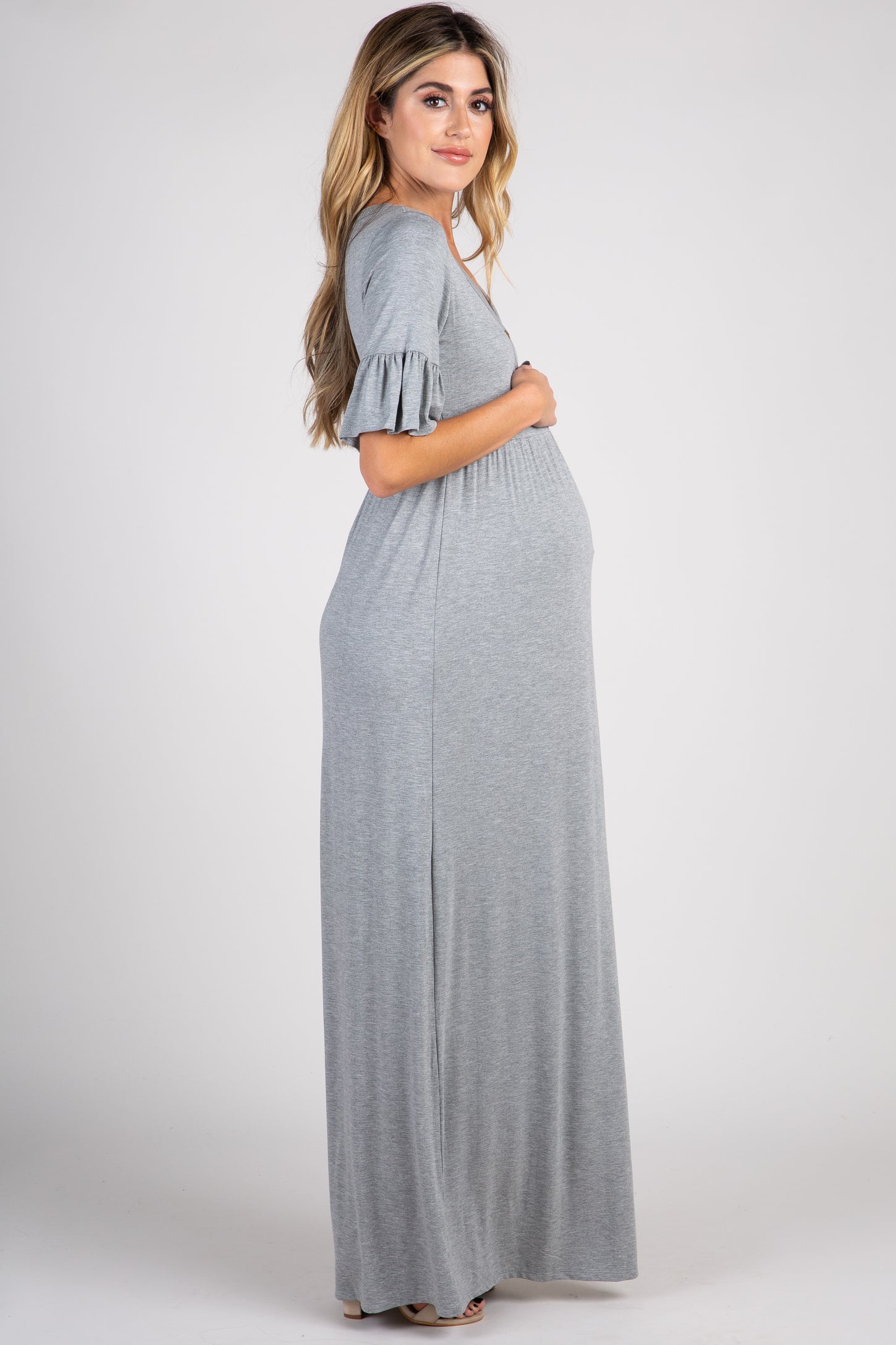 Heather Grey Button Ruffle Sleeve Maternity Maxi Dress
