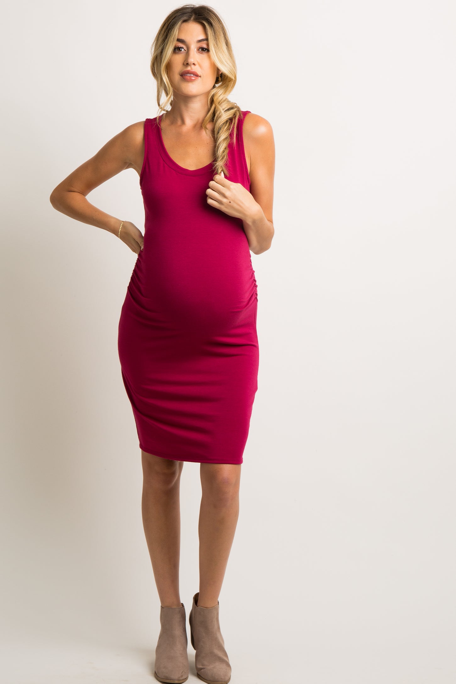 PinkBlush Burgundy Sleeveless Ruched Fitted Maternity Dress