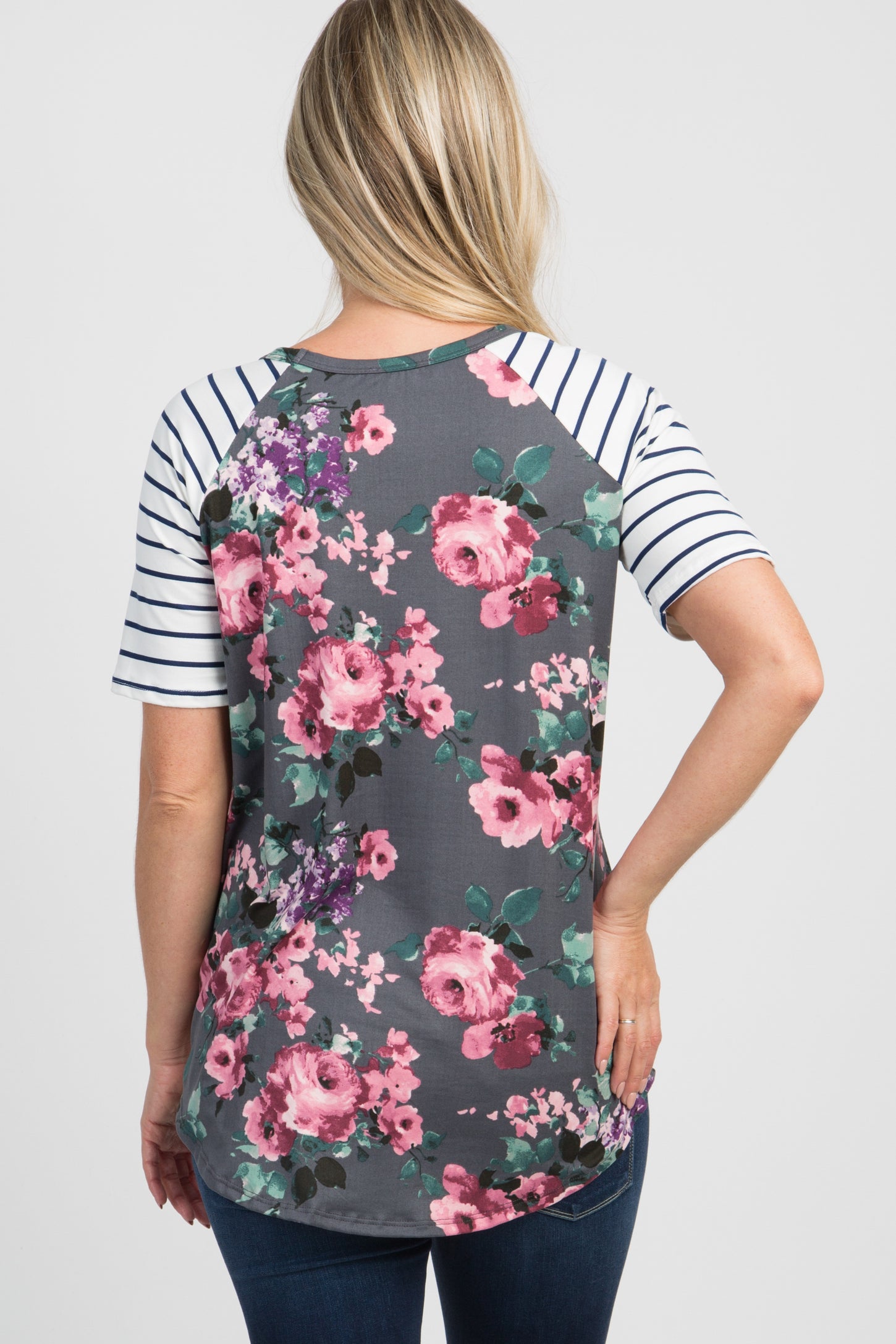 Charcoal Floral Colorblock Striped Maternity Top