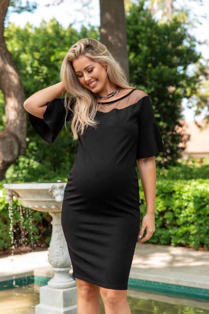 Black Polka Dot Mesh Flounce Sleeve Maternity Dress