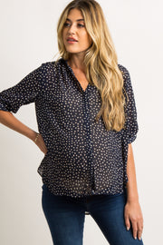 Navy Blue Polka Dot Chiffon Maternity Blouse