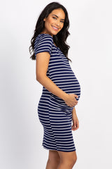Navy Striped Fitted Maternity Dress