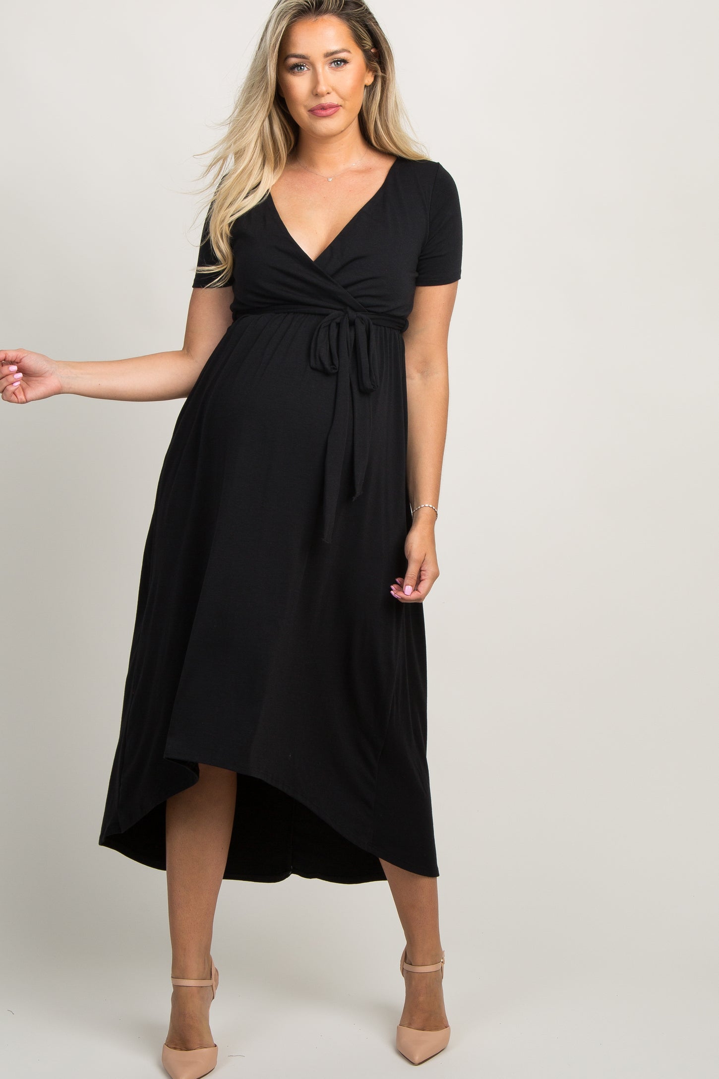 Black Solid Hi-Low Maternity Wrap Dress