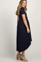 PinkBlush Navy Blue Solid Hi-Low Maternity Wrap Dress