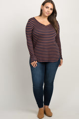 Rust Striped Long Sleeve V-Neck Plus Top