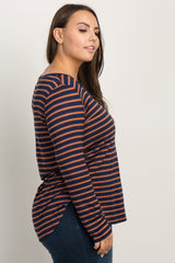 Rust Striped Long Sleeve V-Neck Plus Top