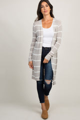 Grey Striped Knit Long Maternity Cardigan