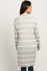 Grey Striped Knit Long Maternity Cardigan