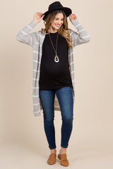 Grey Striped Knit Long Maternity Cardigan