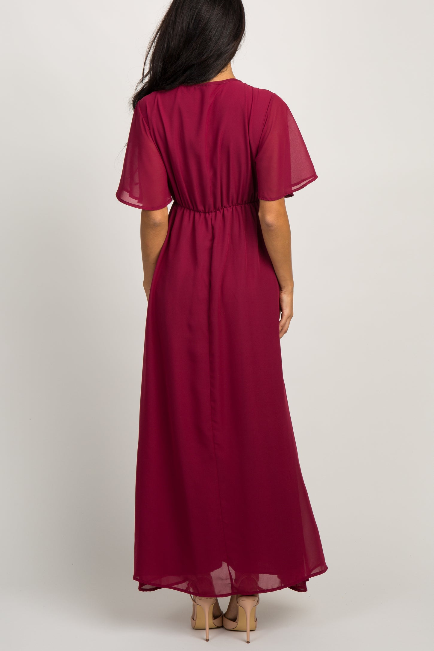 Burgundy Chiffon Bell Sleeve Maxi Dress