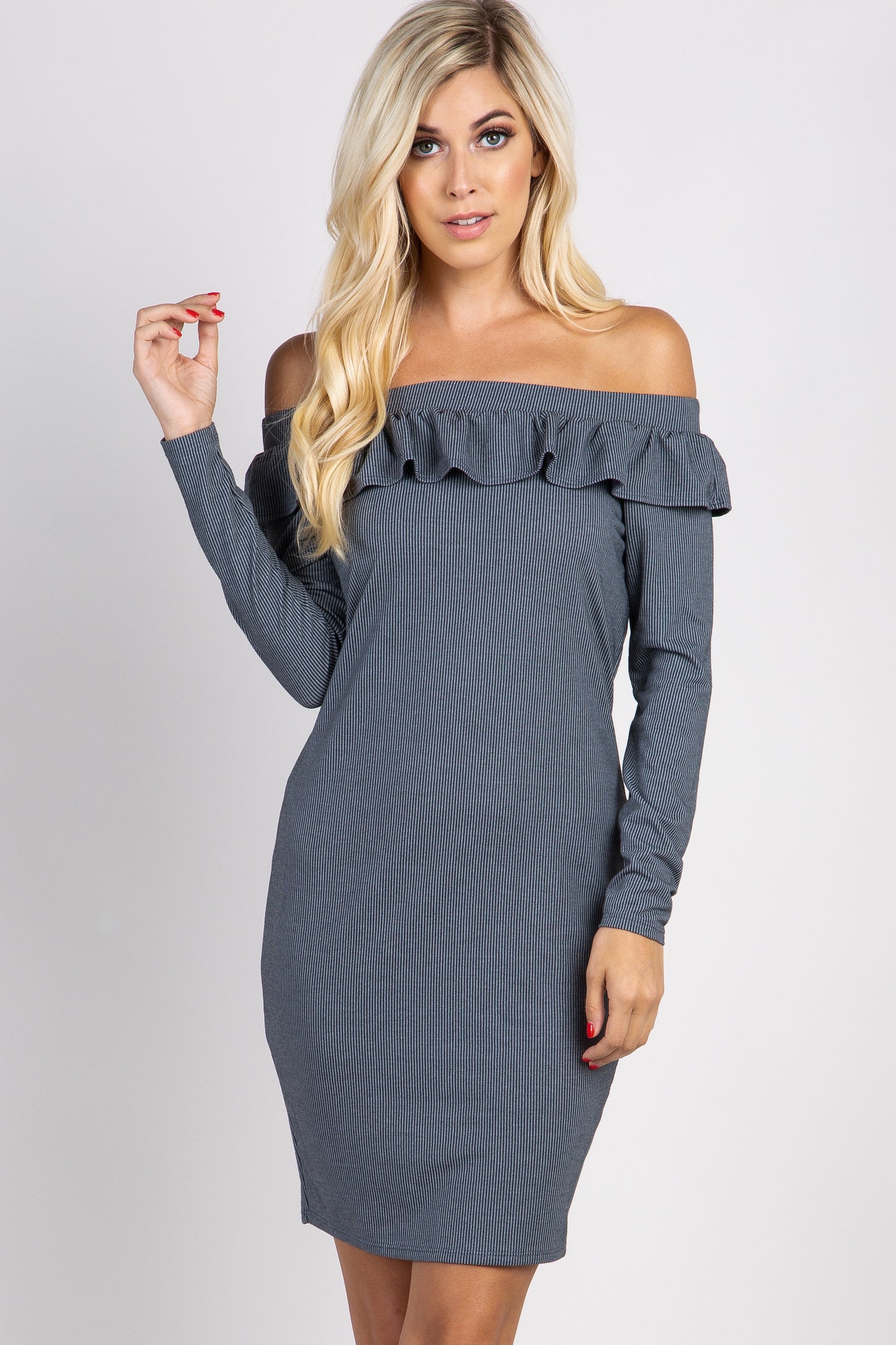 Charcoal Pinstriped Off Shoulder Ruffle Accent Dress