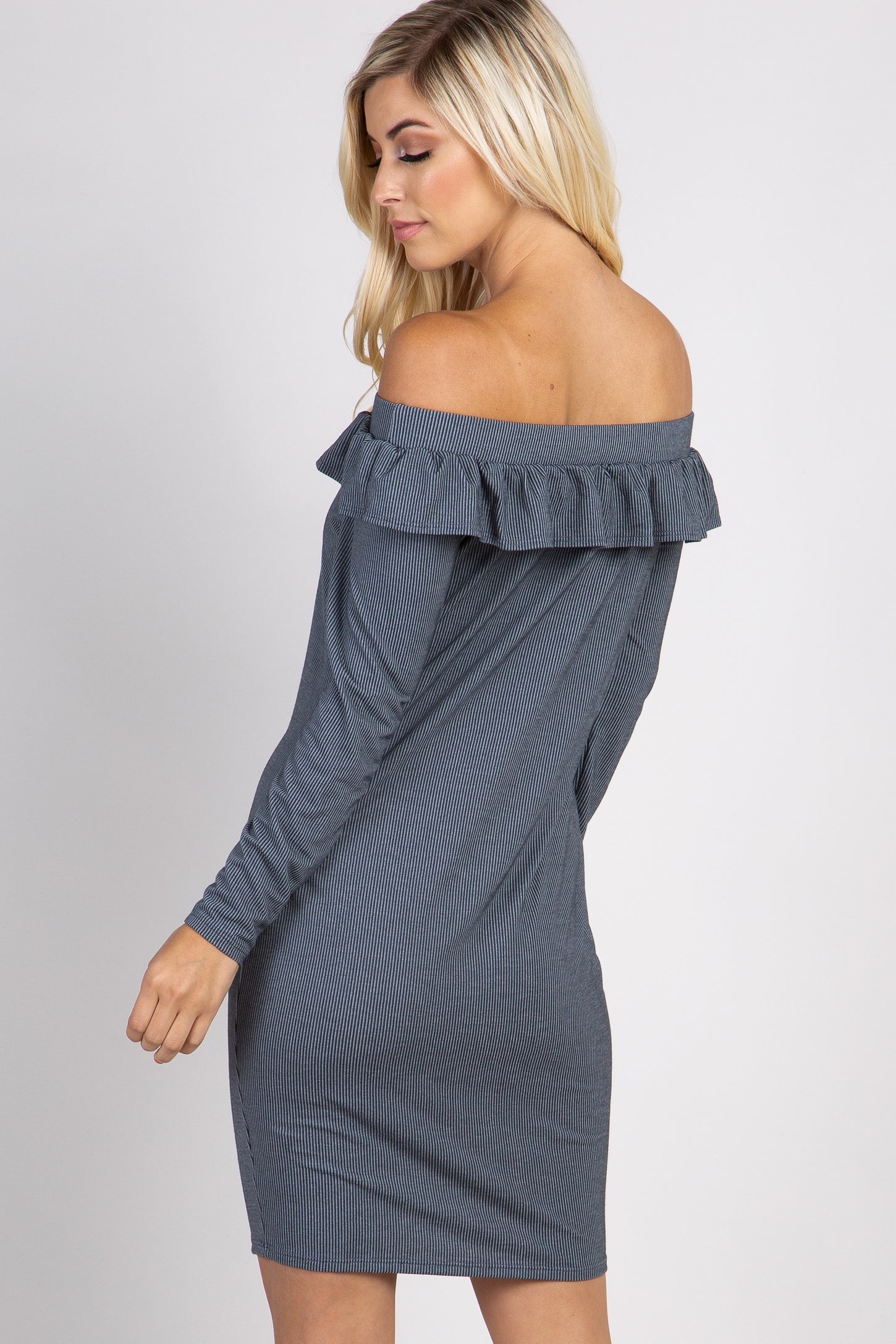 Charcoal Pinstriped Off Shoulder Ruffle Accent Dress