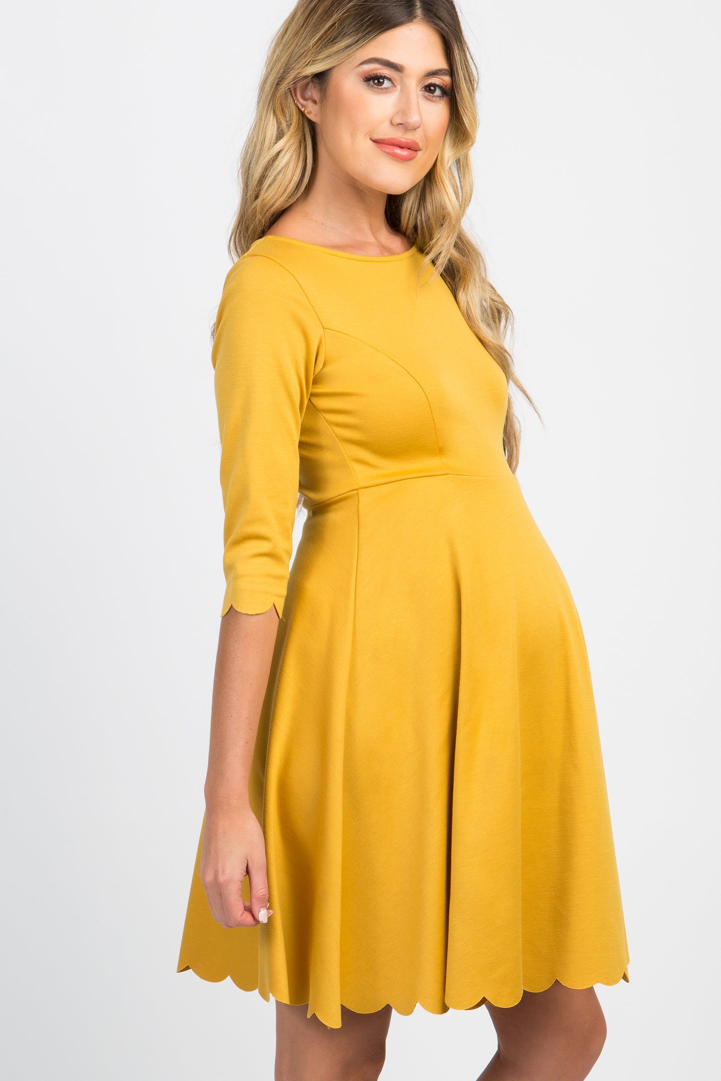 Mustard Solid Scalloped Hem Maternity Dress