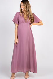 Dark Mauve Chiffon Bell Sleeve Maternity Maxi Dress