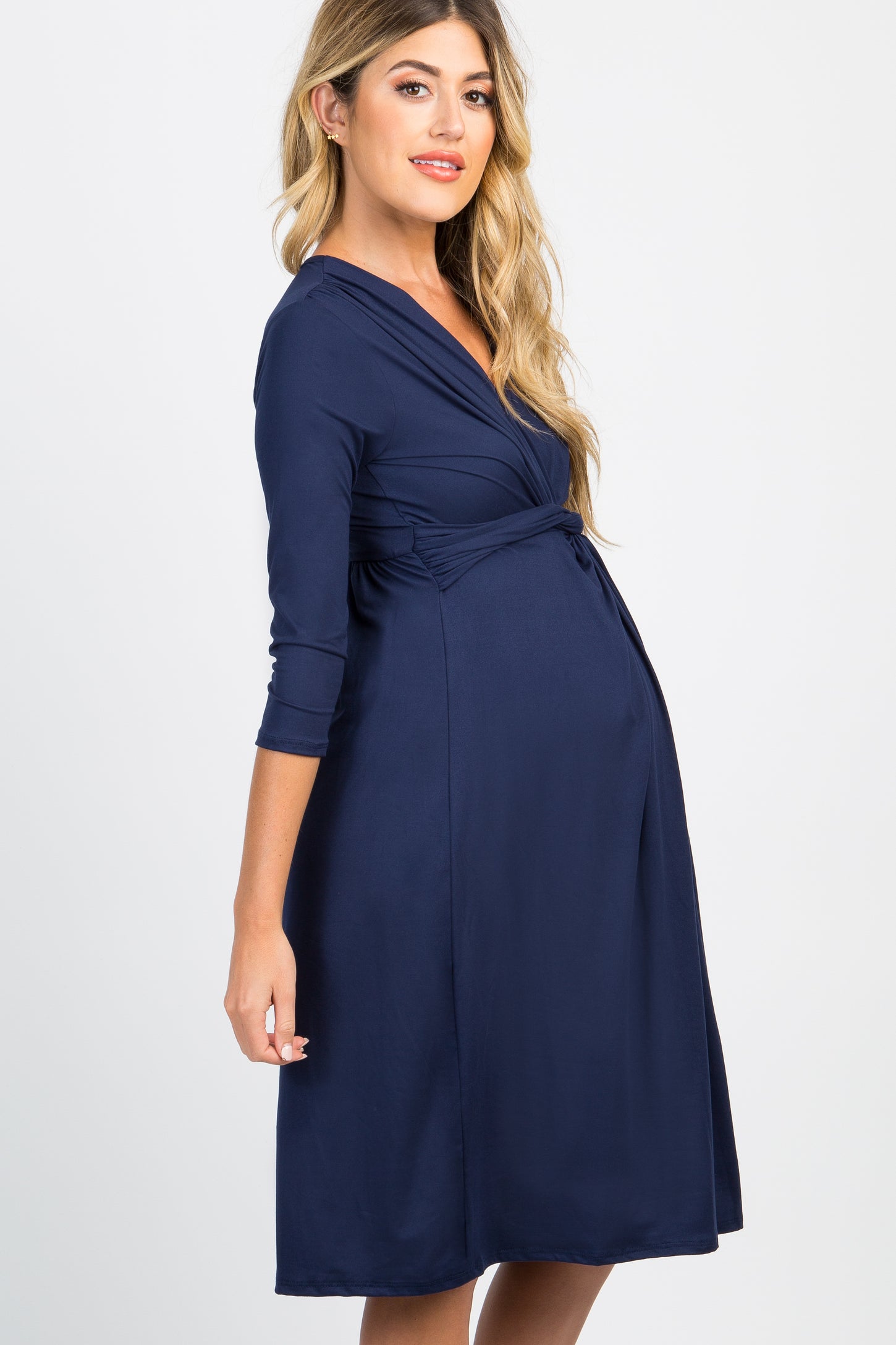 Navy Blue Twist Front 3/4 Sleeve Maternity Dress