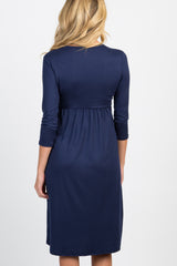 Navy Blue Twist Front 3/4 Sleeve Maternity Dress