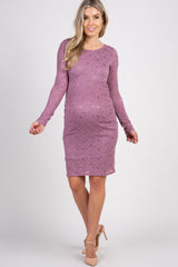 Mauve Lace Fitted Long Sleeve Maternity Dress