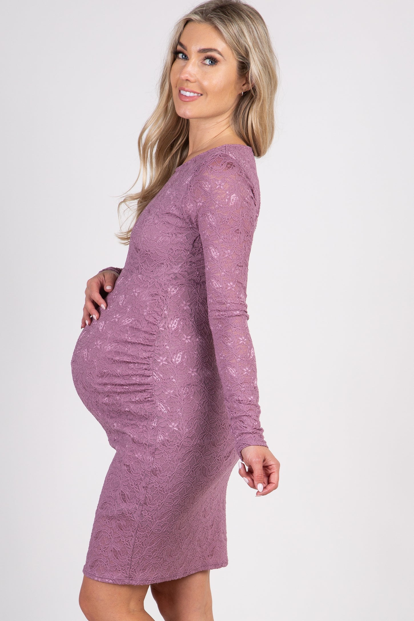 Mauve Lace Fitted Long Sleeve Maternity Dress