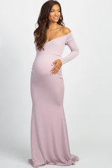 PinkBlush Pink Metallic Off Shoulder Long Sleeve Wrap Maternity Photoshoot Gown/Dress