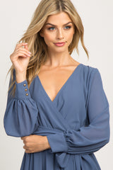 Blue Chiffon Long Sleeve Pleated Maxi Dress