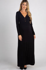 Black Solid Button Front Maternity Maxi Dress