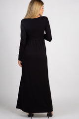 Black Solid Button Front Maternity Maxi Dress
