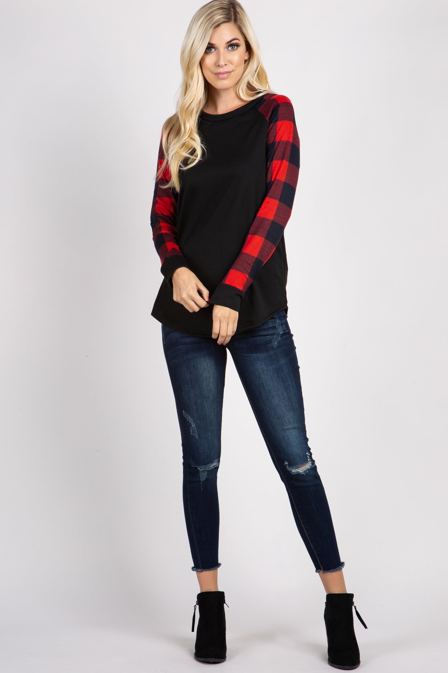 PinkBlush Red Solid Long Plaid Sleeve Top