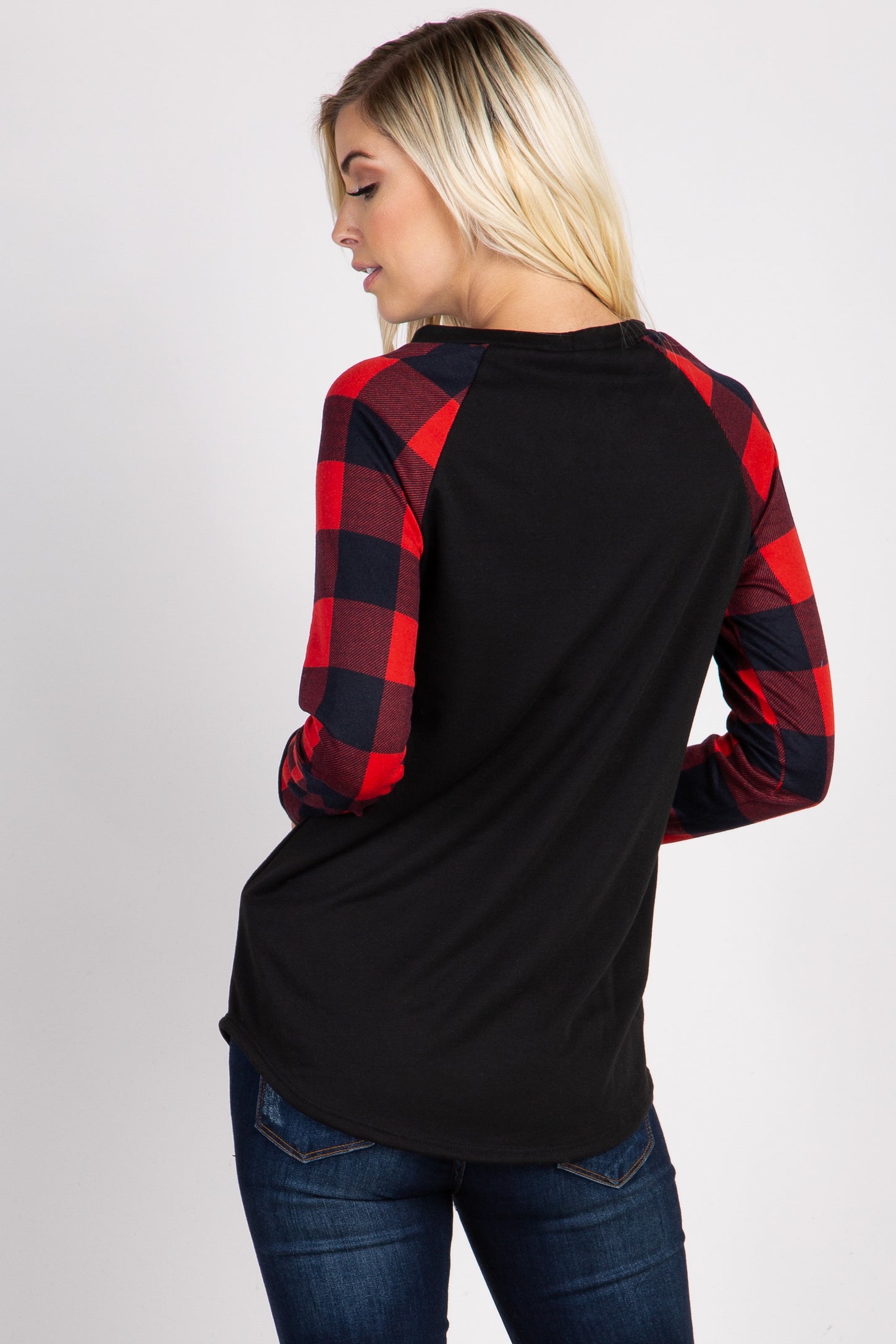 PinkBlush Red Solid Long Plaid Sleeve Top