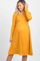 Yellow Solid Long Sleeve Maternity Dress