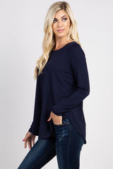 Navy Solid Button Accent Long Sleeve Top