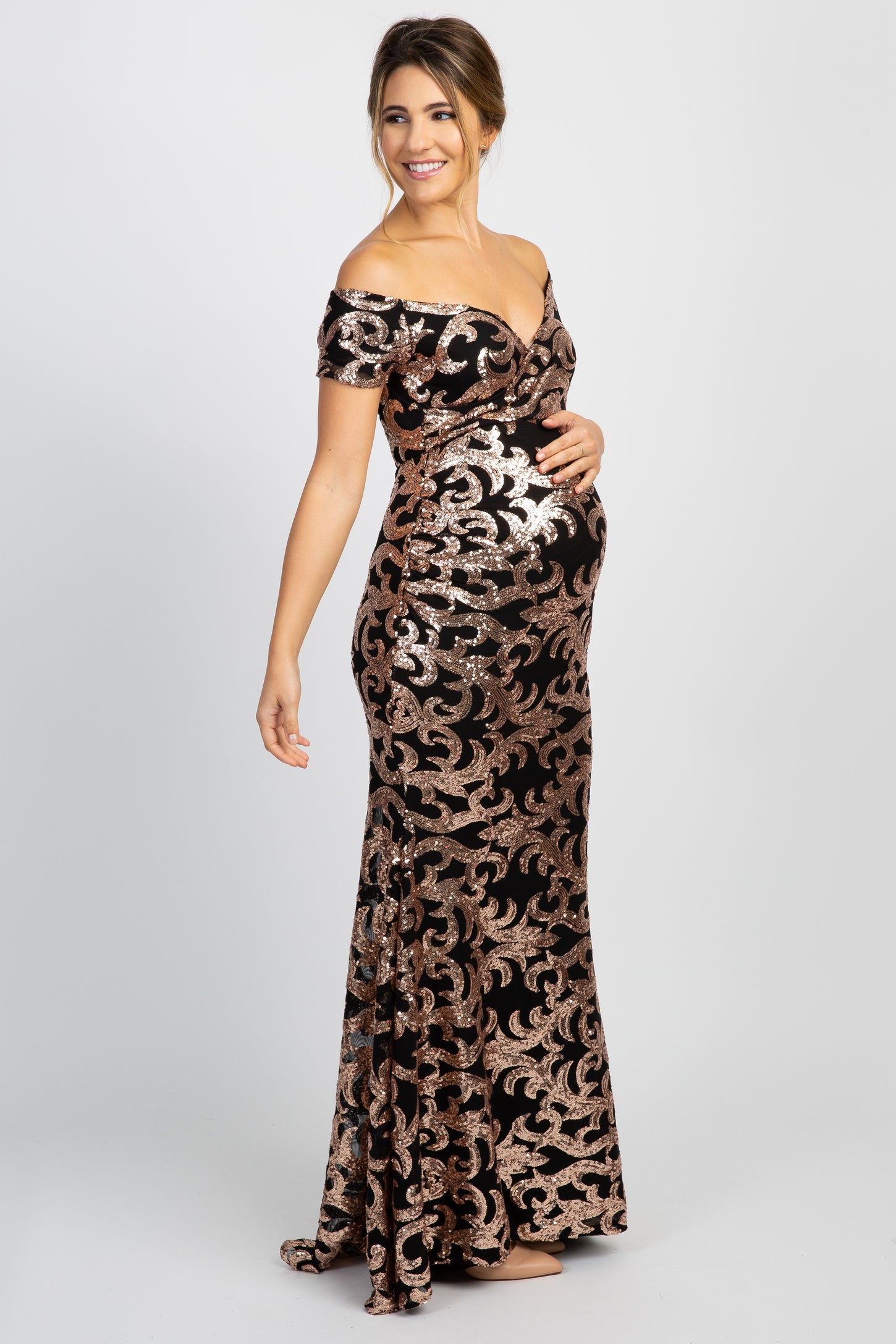 PinkBlush Black Sequin Off Shoulder Wrap Maternity Photoshoot Gown/Dress