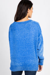 Blue Chenille Knit V-Neck Sweater