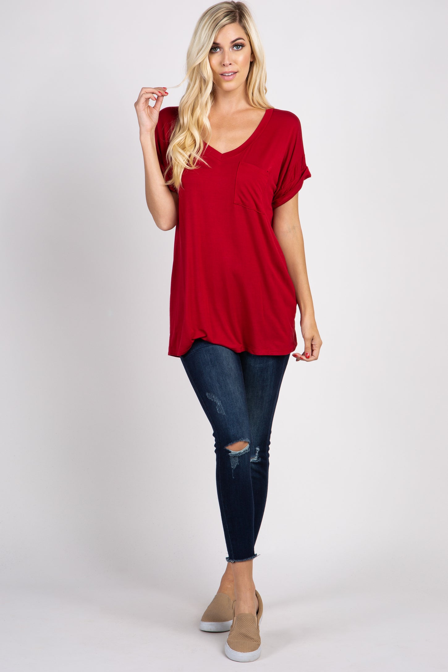 Red Solid Pocket Front Top